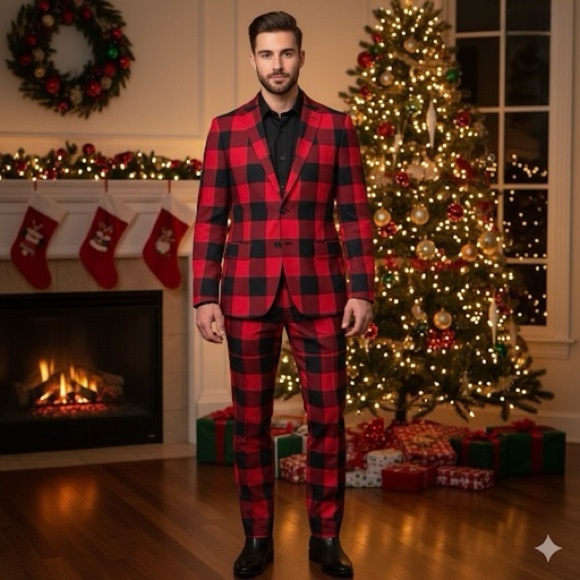 Men's Shinesty Holiday Suit Black and Red Check - Picture 1 of 6